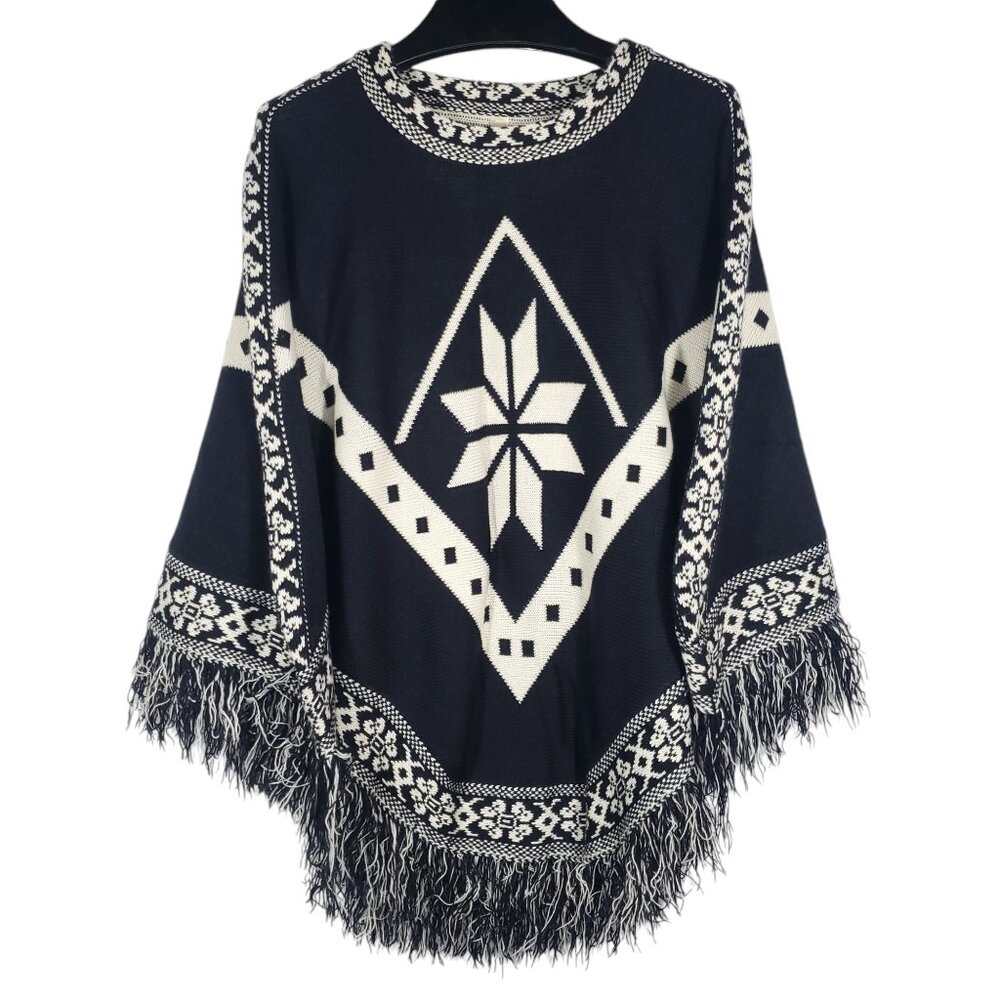 Diva D Knit Poncho Womens OS Black White Fringe Western Geometric Rodeo